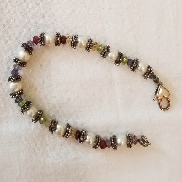 Vintage pearl, amethyst and peridot sterling silver beaded bracelet - Picture 2 of 2
